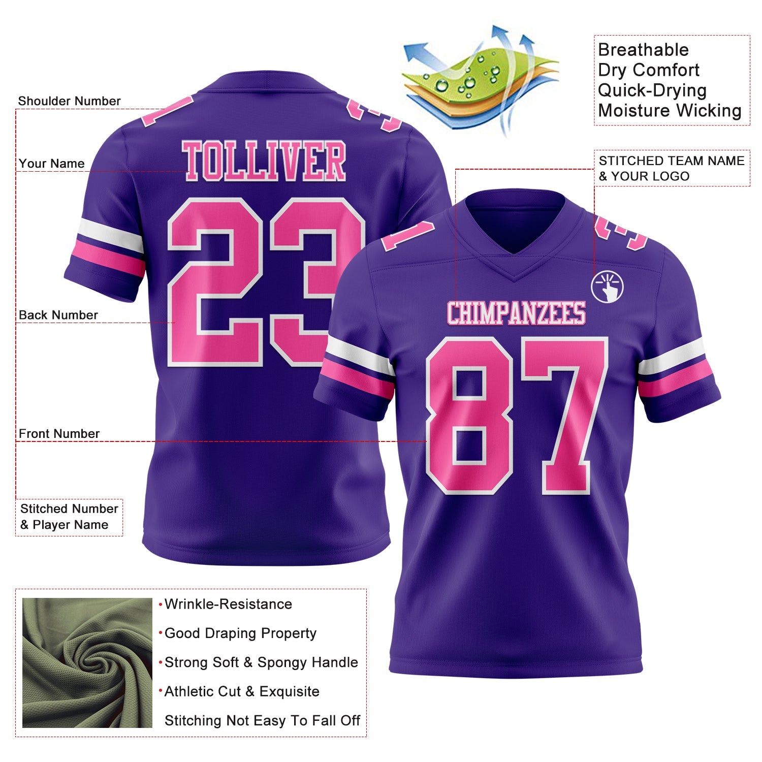 Custom Purple Pink-White Mesh Authentic Football Jersey - Sky-Custom