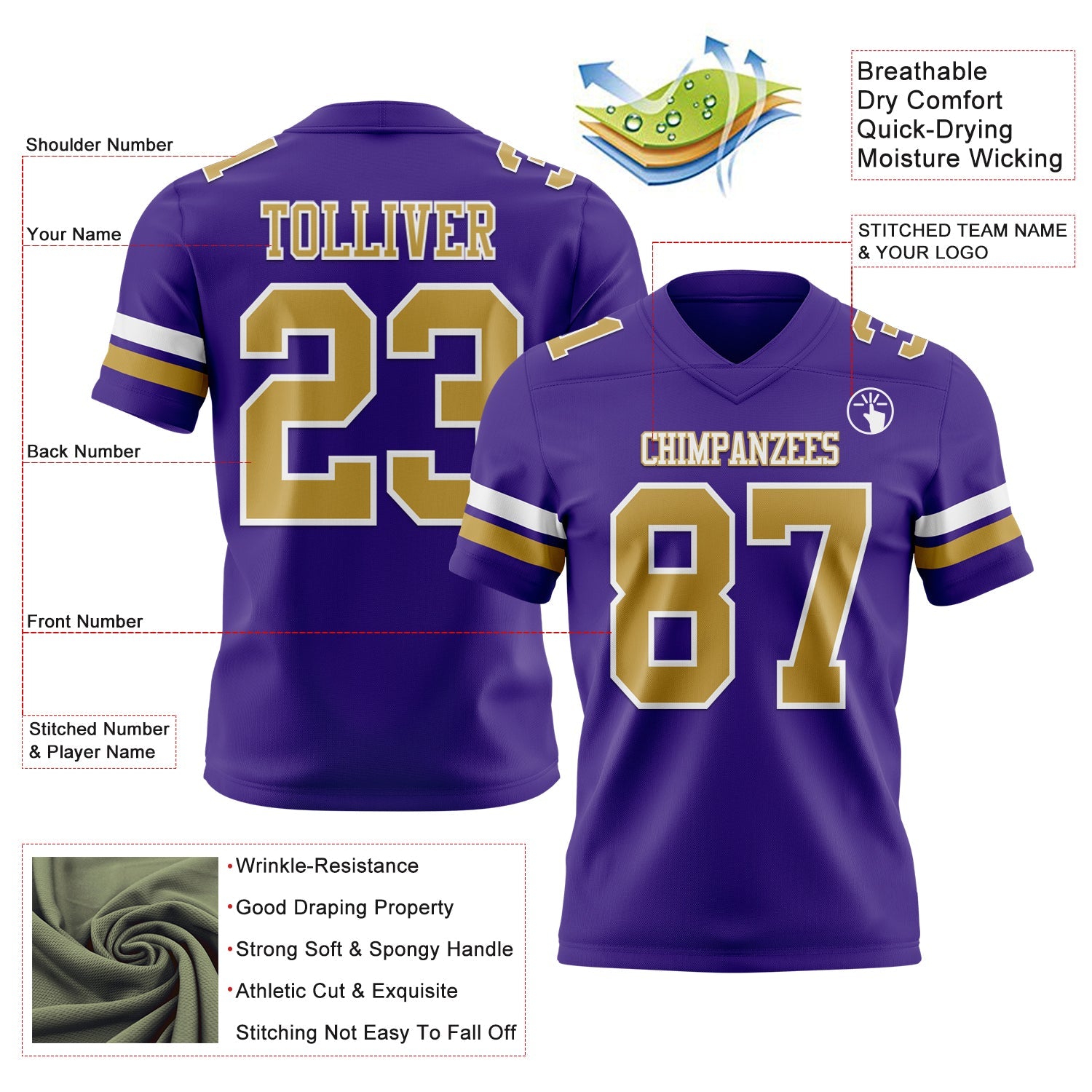 Custom Purple Old Gold-White Mesh Authentic Football Jersey - Sky-Custom