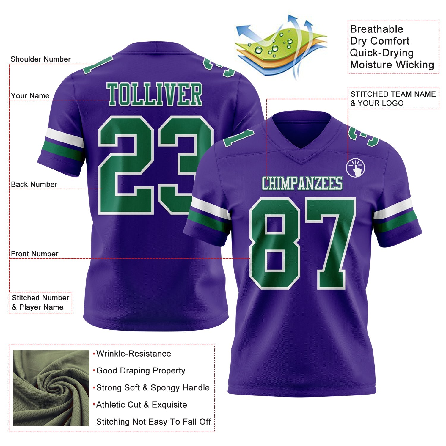 Custom Purple Kelly Green-White Mesh Authentic Football Jersey - Sky-Custom
