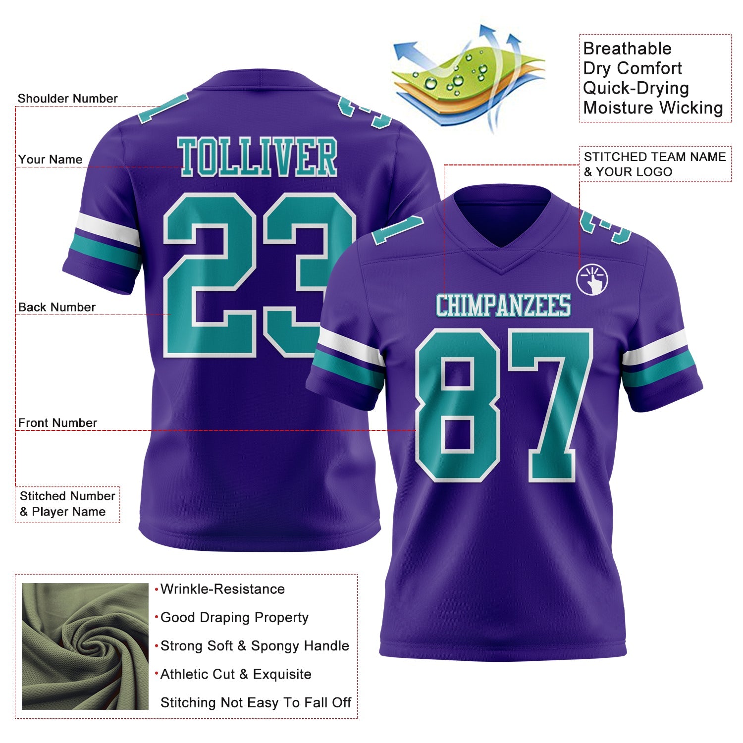 Custom Purple Teal-White Mesh Authentic Football Jersey - Sky-Custom