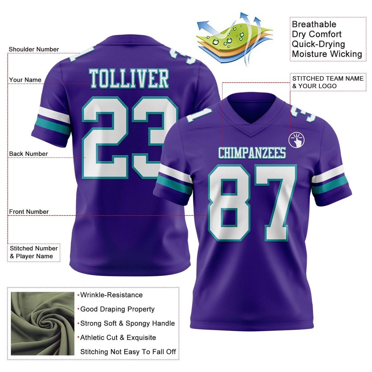 Custom Purple White-Teal Mesh Authentic Football Jersey - Sky-Custom