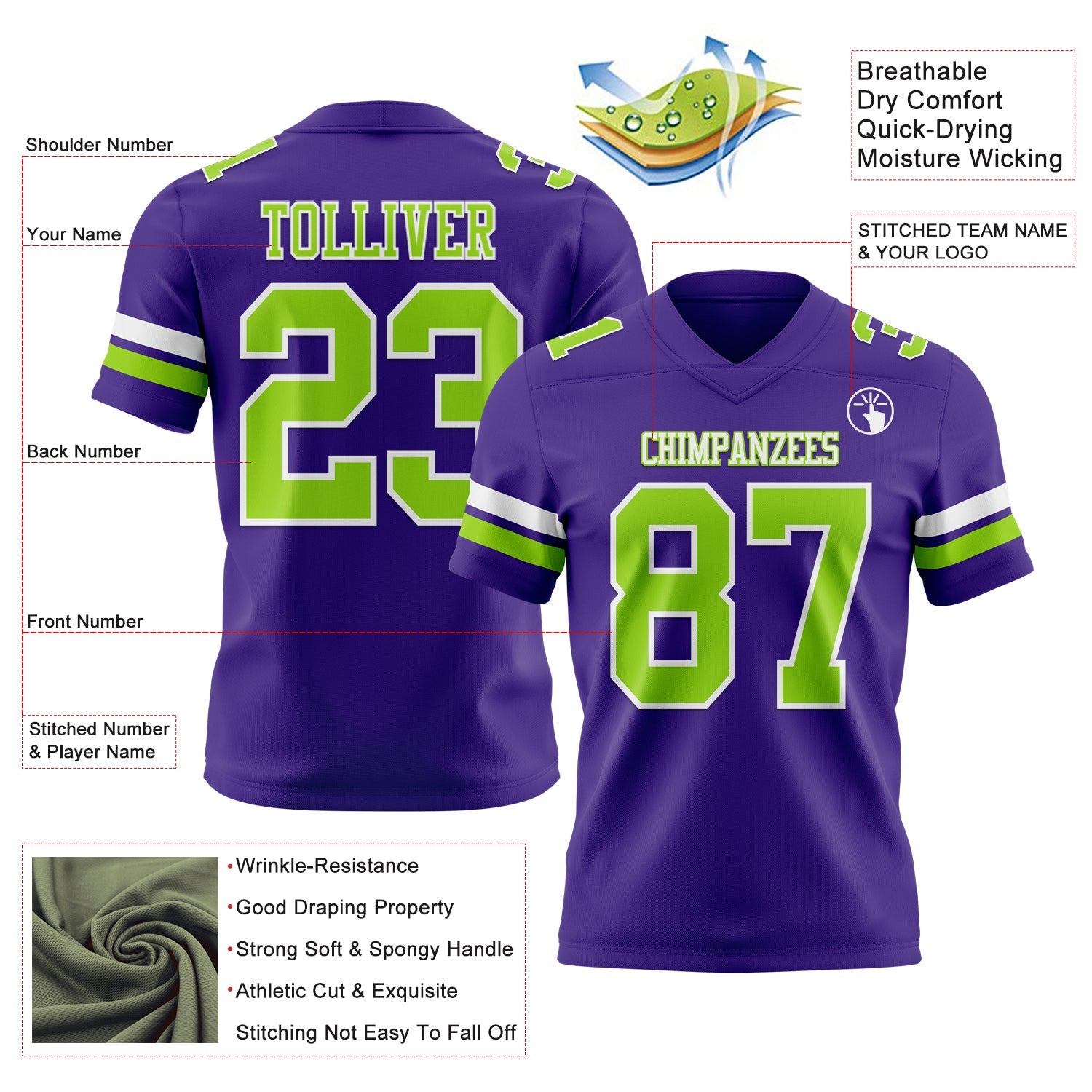 Custom Purple Neon Green-White Mesh Authentic Football Jersey - Sky-Custom