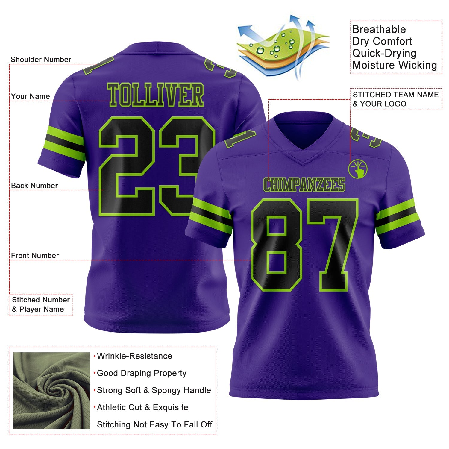 Custom Purple Black-Neon Green Mesh Authentic Football Jersey - Sky-Custom