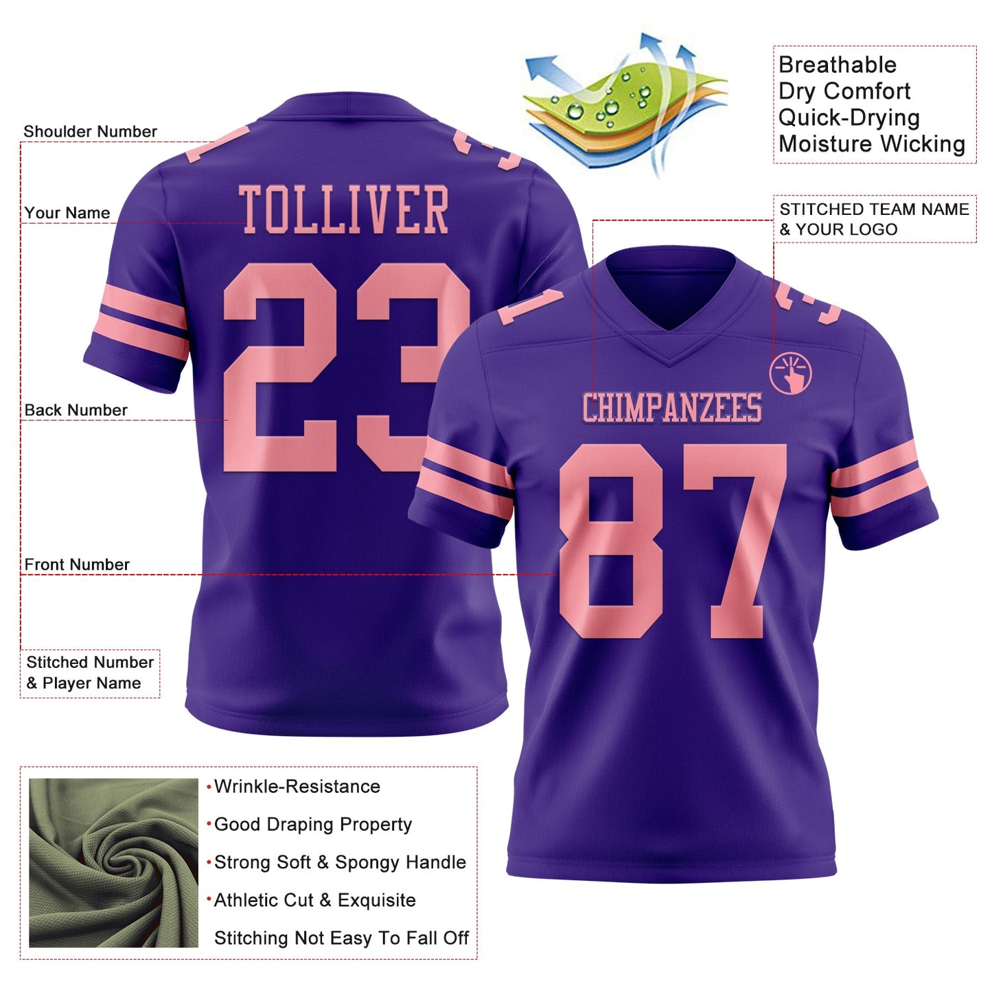 Custom Purple Medium Pink Mesh Authentic Football Jersey - Sky-Custom
