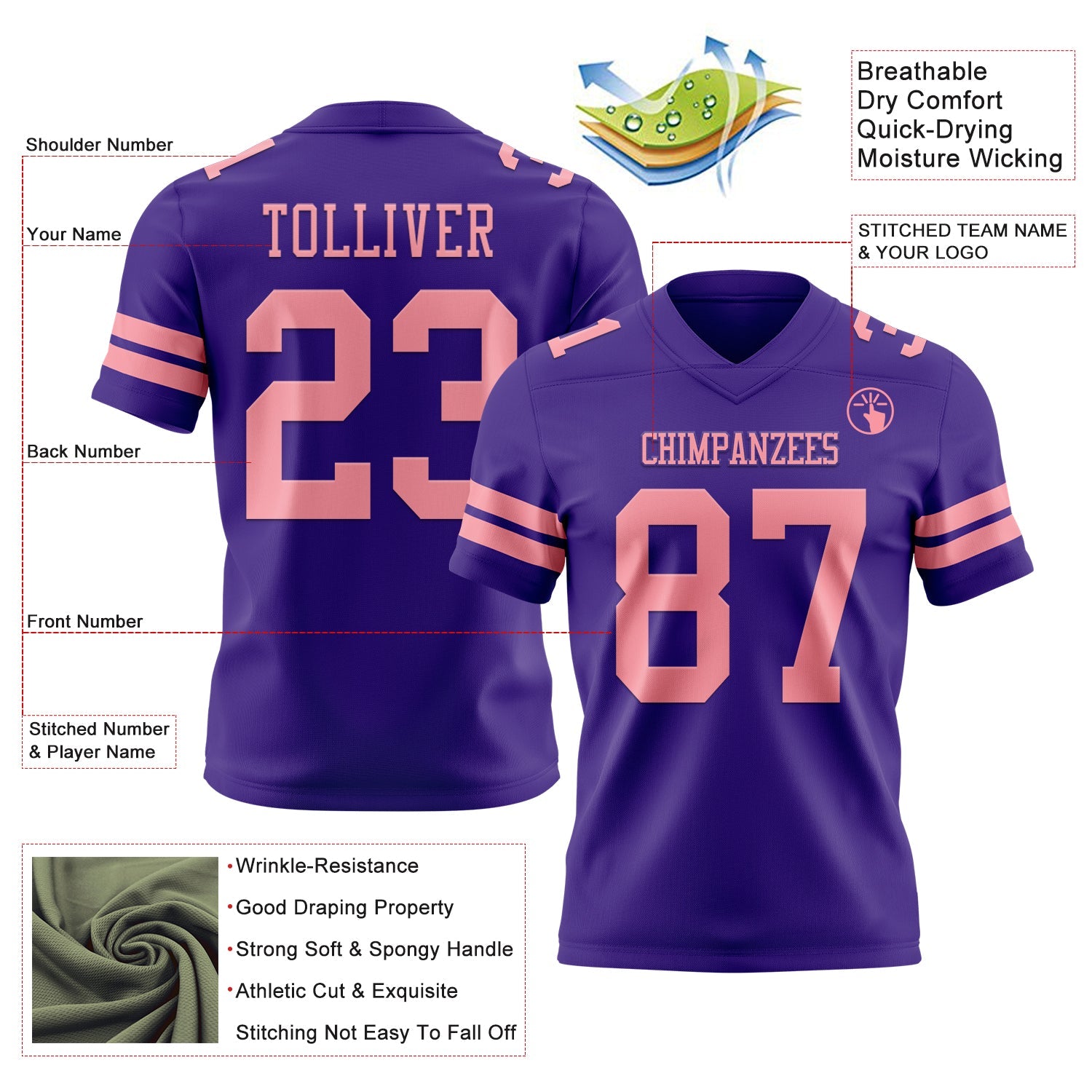 Custom Purple Medium Pink Mesh Authentic Football Jersey - Sky-Custom