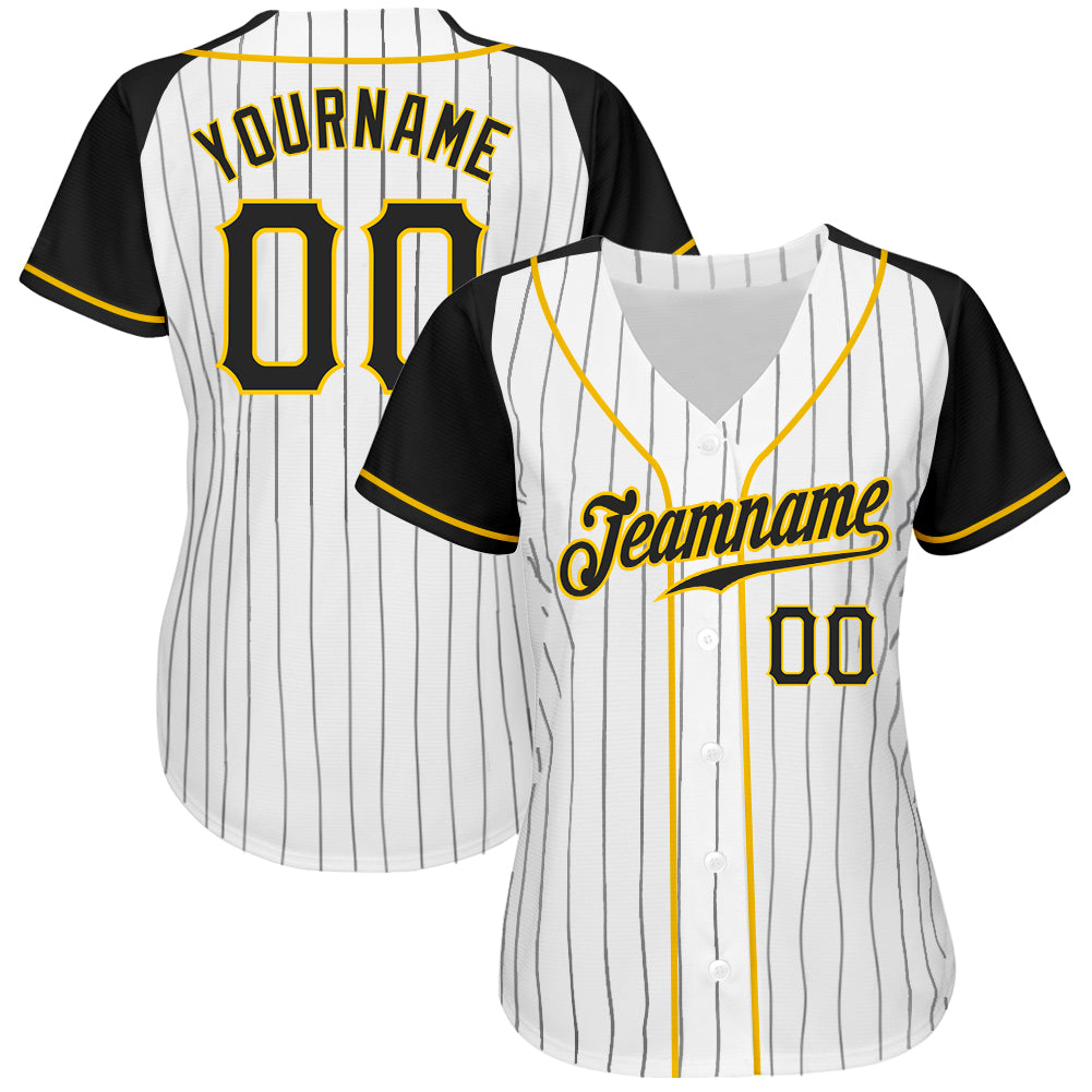 Custom White Black Pinstripe Black-Gold Authentic Raglan Sleeves Baseball Jersey - Sky-Custom