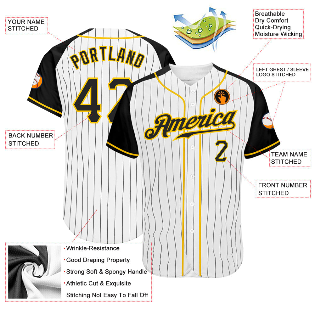 Custom White Black Pinstripe Black-Gold Authentic Raglan Sleeves Baseball Jersey - Sky-Custom