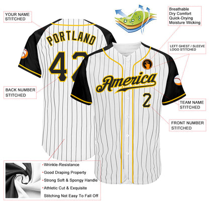 Custom White Black Pinstripe Black-Gold Authentic Raglan Sleeves Baseball Jersey - Sky-Custom
