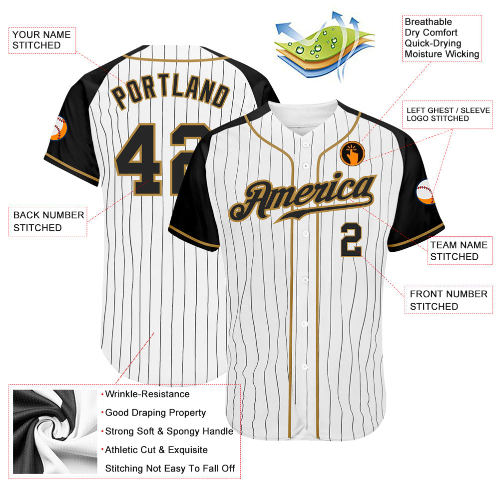 Custom White Black Pinstripe Black-Old Gold Authentic Raglan Sleeves Baseball Jersey - Sky-Custom