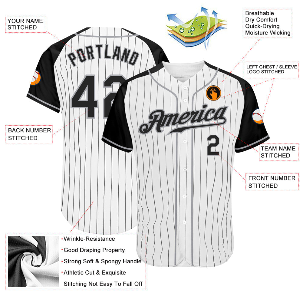 Custom White Black Pinstripe Black-Gray Authentic Raglan Sleeves Baseball Jersey - Sky-Custom