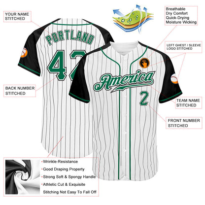 Custom White Black Pinstripe Kelly Green-Black Authentic Raglan Sleeves Baseball Jersey - Sky-Custom