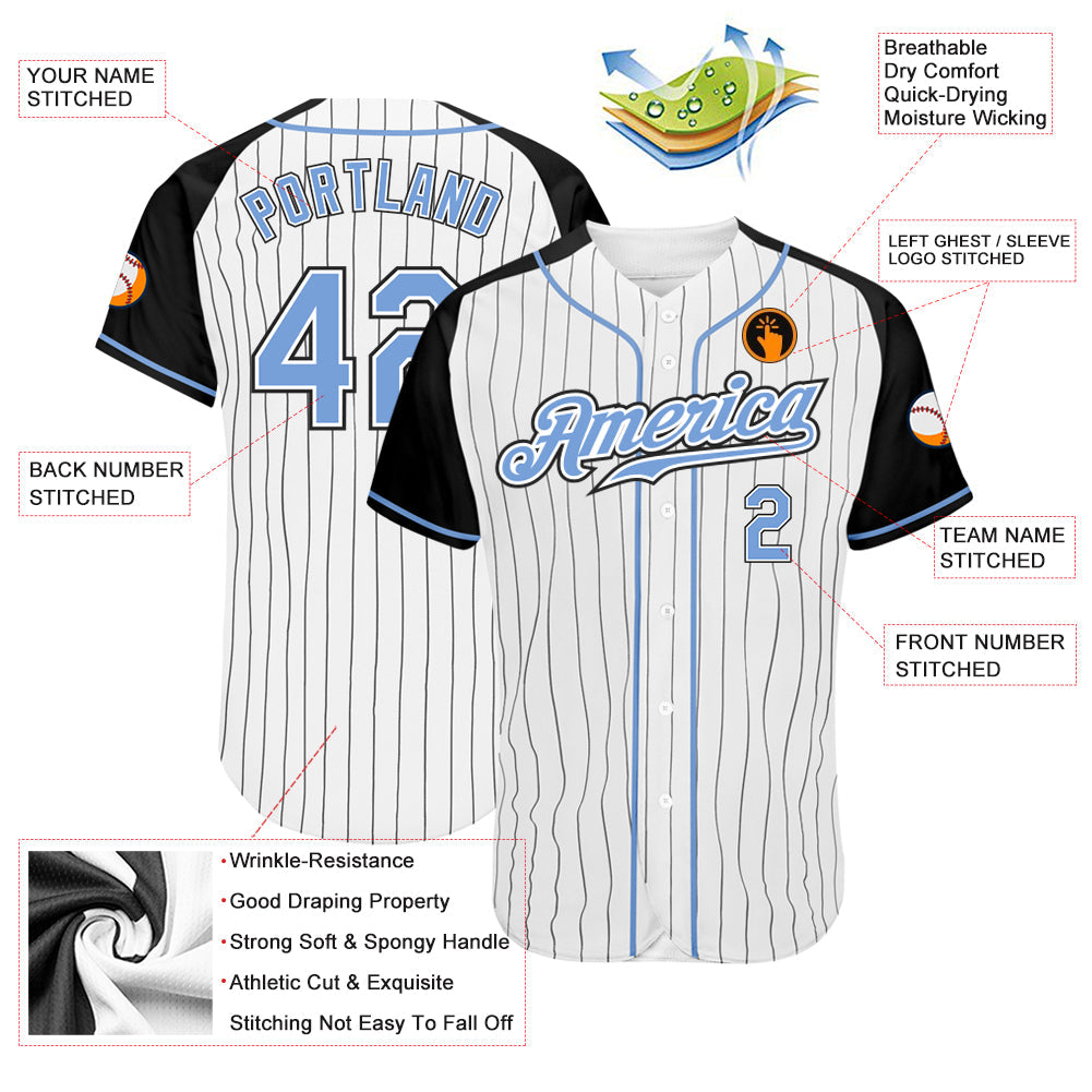 Custom White Black Pinstripe Light Blue-Black Authentic Raglan Sleeves Baseball Jersey - Sky-Custom