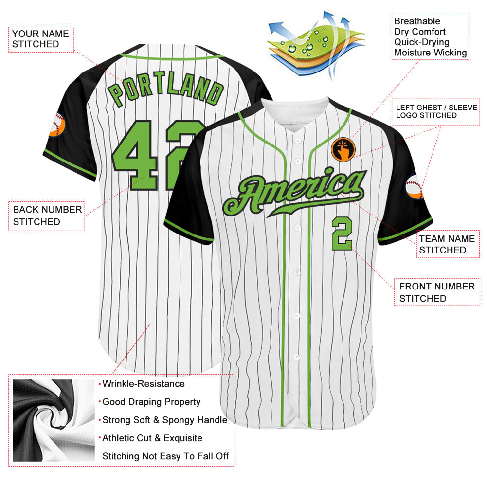 Custom White Black Pinstripe Neon Green-Black Authentic Raglan Sleeves Baseball Jersey - Sky-Custom