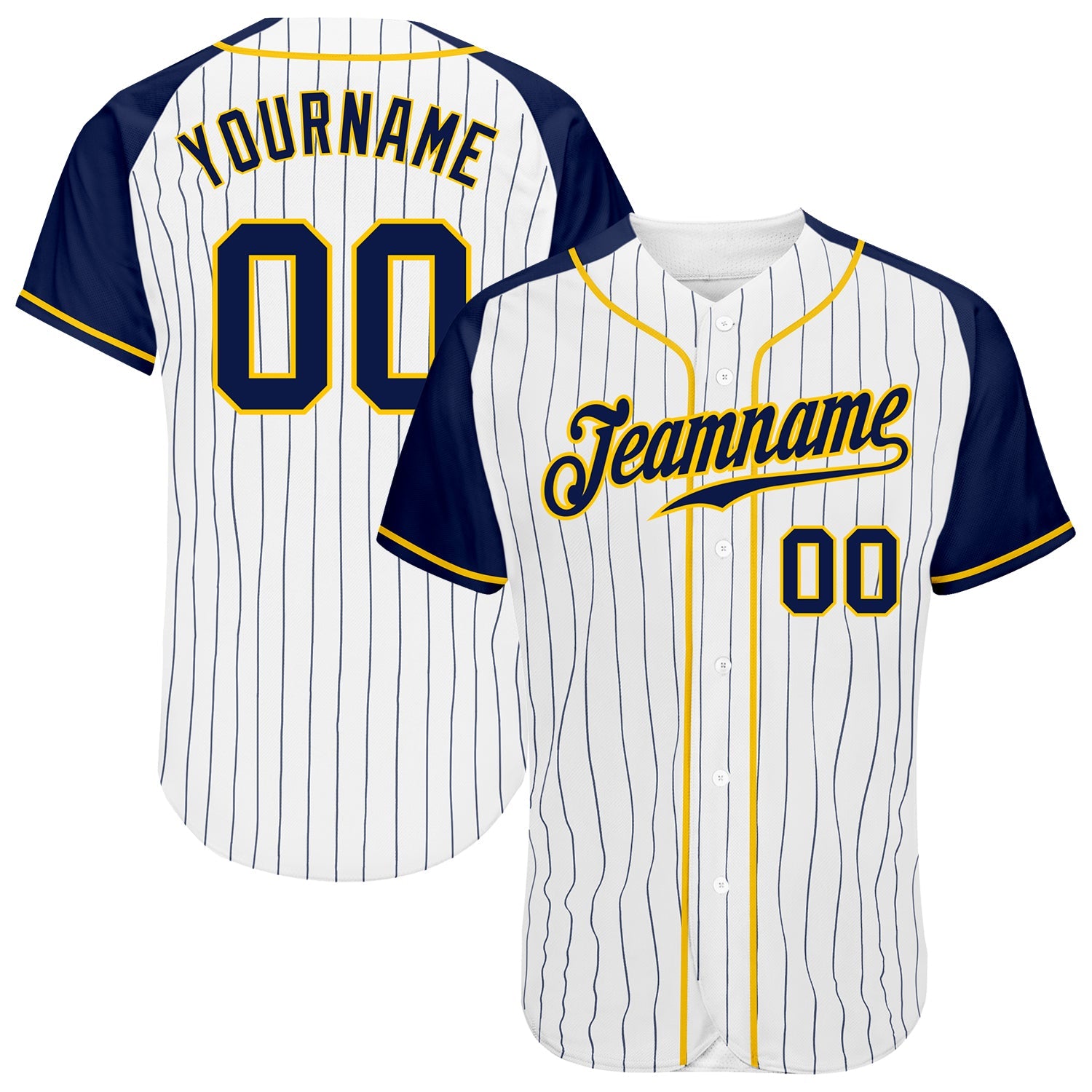 Custom White Navy Pinstripe Navy-Gold Authentic Raglan Sleeves Baseball Jersey - Sky-Custom