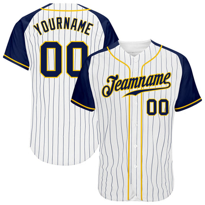 Custom White Navy Pinstripe Navy-Gold Authentic Raglan Sleeves Baseball Jersey - Sky-Custom