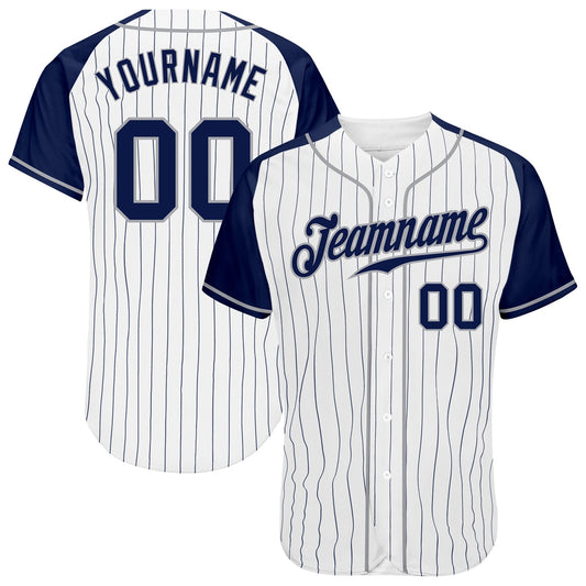Custom White Navy Pinstripe Navy-Gray Authentic Raglan Sleeves Baseball Jersey - Sky-Custom