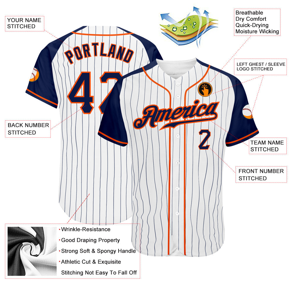 Custom White Navy Pinstripe Navy-Orange Authentic Raglan Sleeves Baseball Jersey - Sky-Custom
