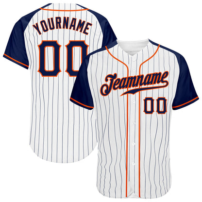 Custom White Navy Pinstripe Navy-Orange Authentic Raglan Sleeves Baseball Jersey - Sky-Custom