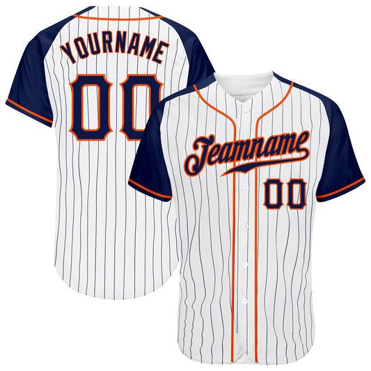 Custom White Navy Pinstripe Navy-Orange Authentic Raglan Sleeves Baseball Jersey - Sky-Custom