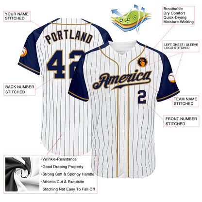Custom White Navy Pinstripe Navy-Old Gold Authentic Raglan Sleeves Baseball Jersey - Sky-Custom