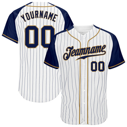 Custom White Navy Pinstripe Navy-Old Gold Authentic Raglan Sleeves Baseball Jersey - Sky-Custom