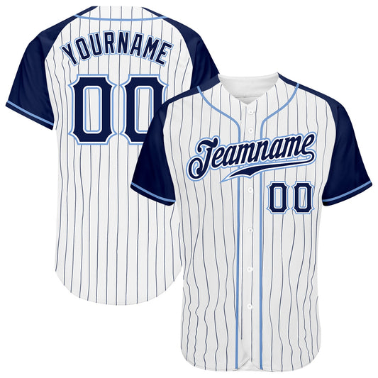 Custom White Navy Pinstripe Navy-Light Blue Authentic Raglan Sleeves Baseball Jersey - Sky-Custom