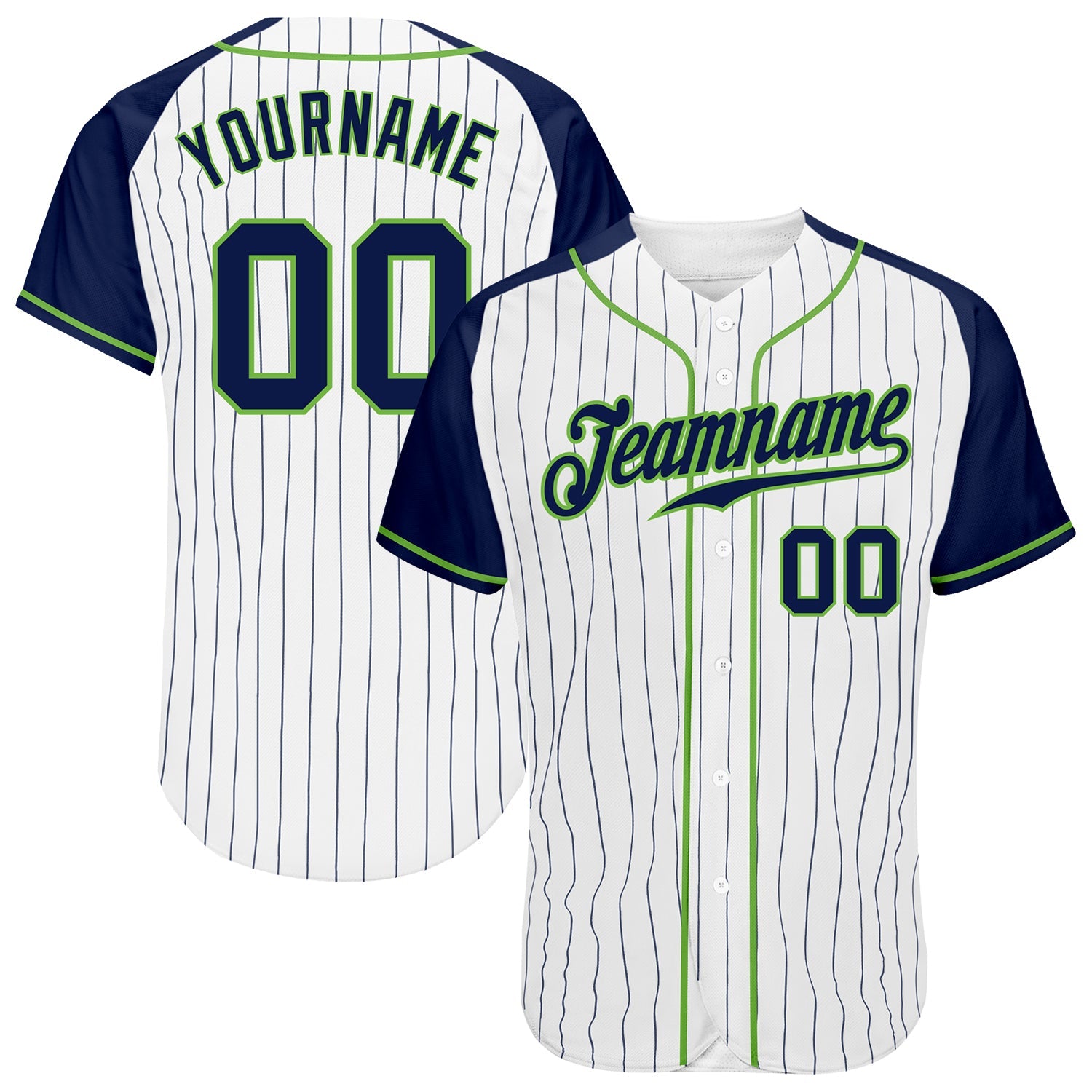 Custom White Navy Pinstripe Navy-Neon Green Authentic Raglan Sleeves Baseball Jersey - Sky-Custom