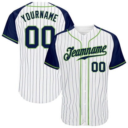 Custom White Navy Pinstripe Navy-Neon Green Authentic Raglan Sleeves Baseball Jersey - Sky-Custom