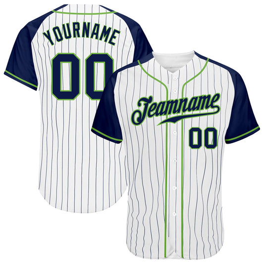 Custom White Navy Pinstripe Navy-Neon Green Authentic Raglan Sleeves Baseball Jersey - Sky-Custom
