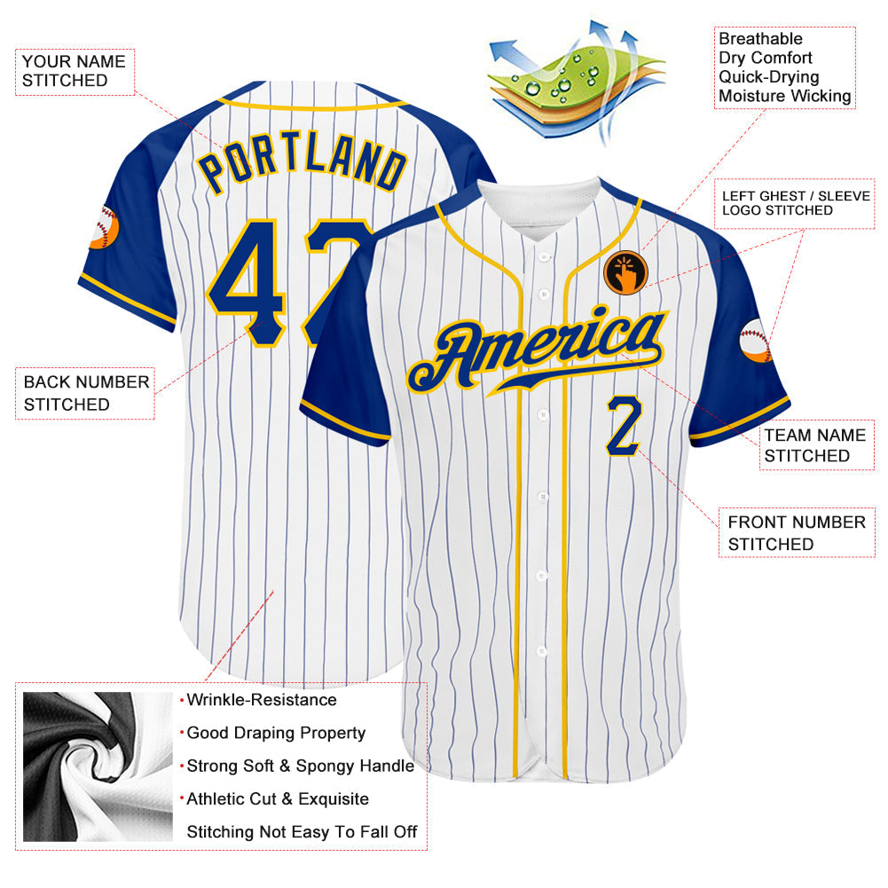 Custom White Royal Pinstripe Royal-Gold Authentic Raglan Sleeves Baseball Jersey - Sky-Custom