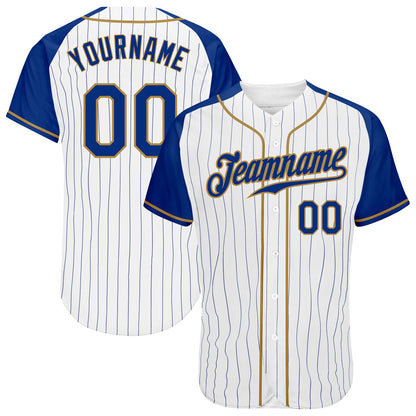 Custom White Royal Pinstripe Royal-Old Gold Authentic Raglan Sleeves Baseball Jersey - Sky-Custom