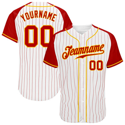 Custom White Red Pinstripe Red-Gold Authentic Raglan Sleeves Baseball Jersey - Sky-Custom