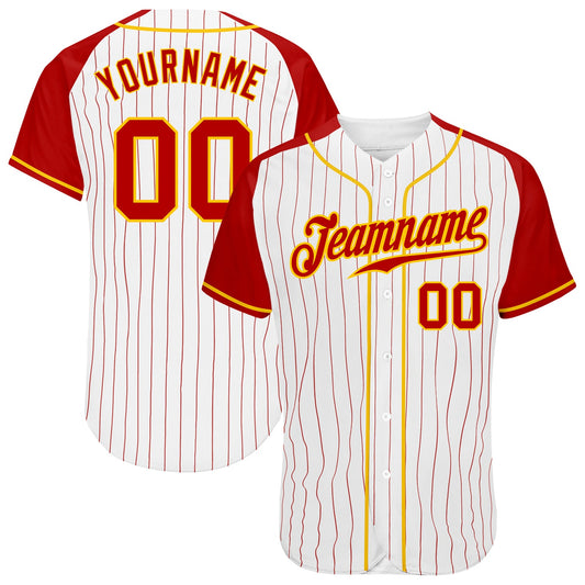 Custom White Red Pinstripe Red-Gold Authentic Raglan Sleeves Baseball Jersey - Sky-Custom