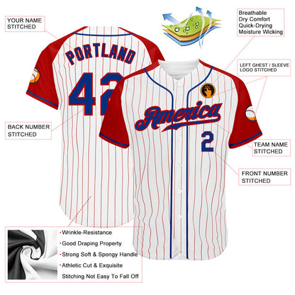 Custom White Red Pinstripe Royal-Red Authentic Raglan Sleeves Baseball Jersey - Sky-Custom
