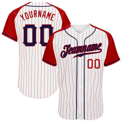 Custom White Red Pinstripe Navy-Red Authentic Raglan Sleeves Baseball Jersey - Sky-Custom