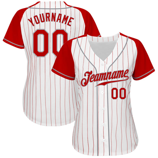 Custom White Red Pinstripe Red-Gray Authentic Raglan Sleeves Baseball Jersey - Sky-Custom