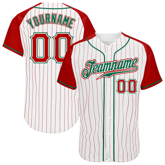 Custom White Red Pinstripe Red-Kelly Green Authentic Raglan Sleeves Baseball Jersey - Sky-Custom