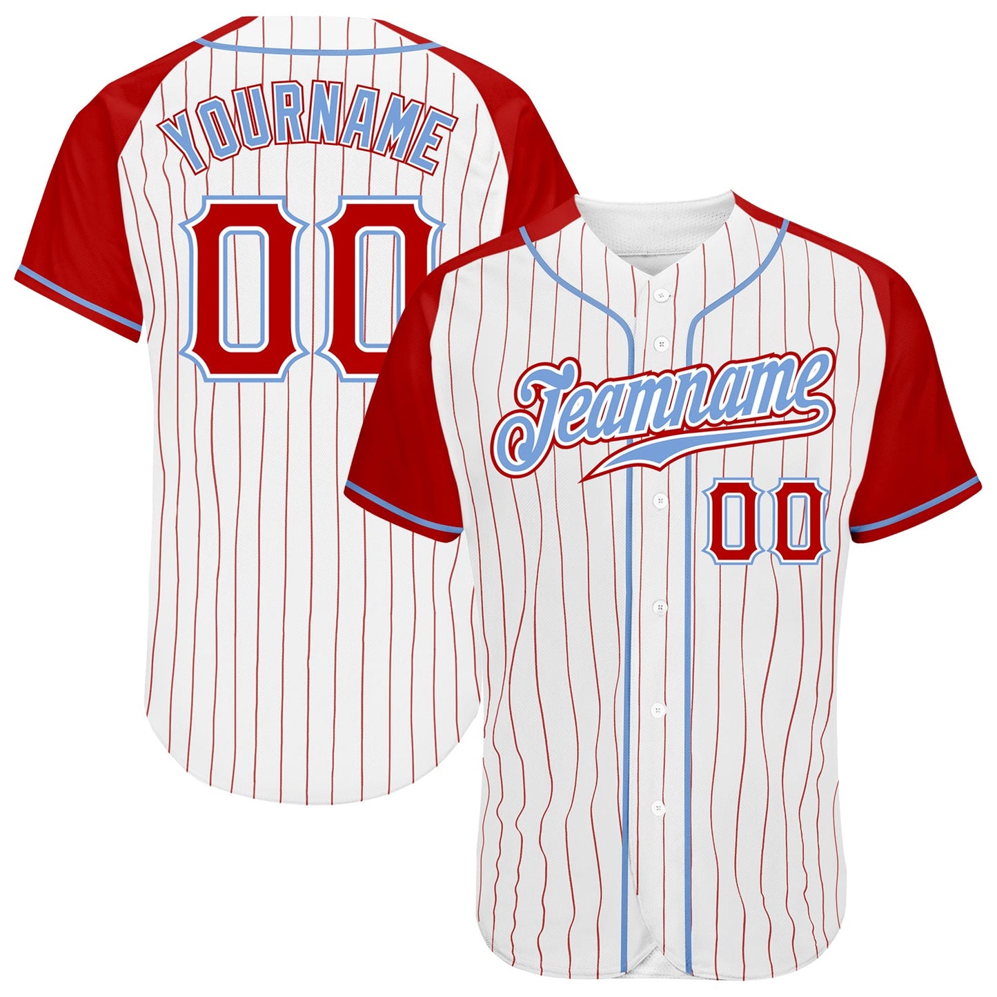 Custom White Red Pinstripe Red-Light Blue Authentic Raglan Sleeves Baseball Jersey - Sky-Custom
