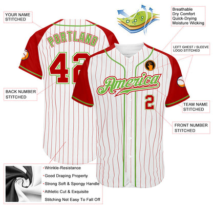 Custom White Red Pinstripe Red-Neon Green Authentic Raglan Sleeves Baseball Jersey - Sky-Custom