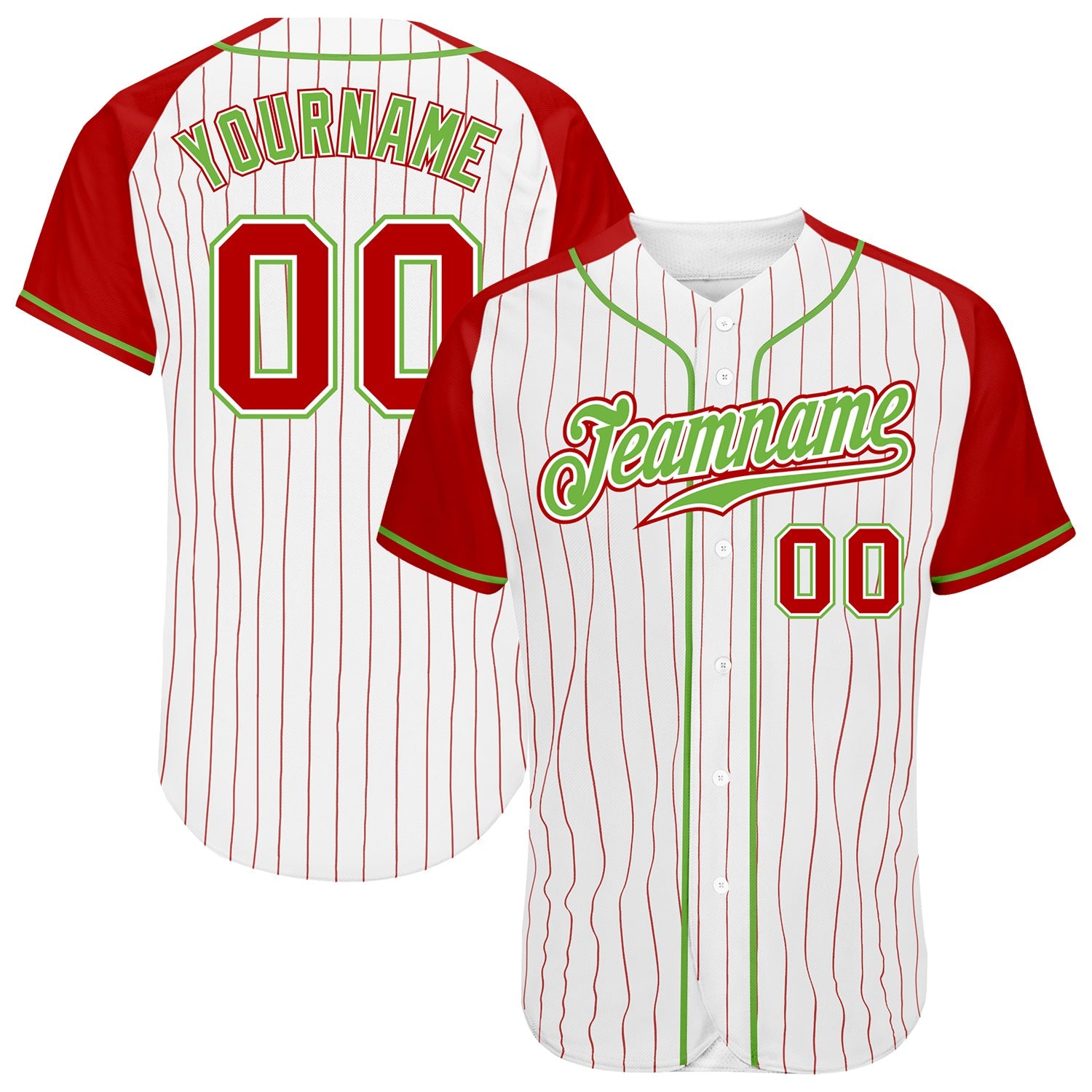 Custom White Red Pinstripe Red-Neon Green Authentic Raglan Sleeves Baseball Jersey - Sky-Custom