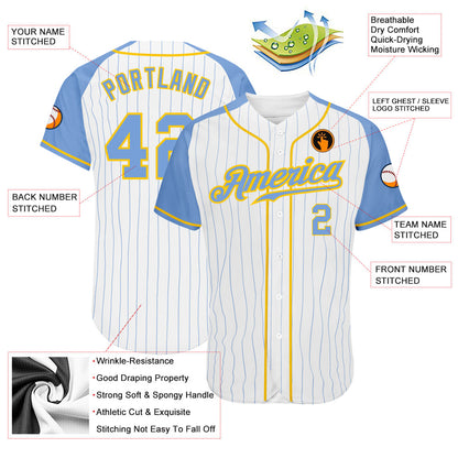 Custom White Light Blue Pinstripe Light Blue-Gold Authentic Raglan Sleeves Baseball Jersey - Sky-Custom