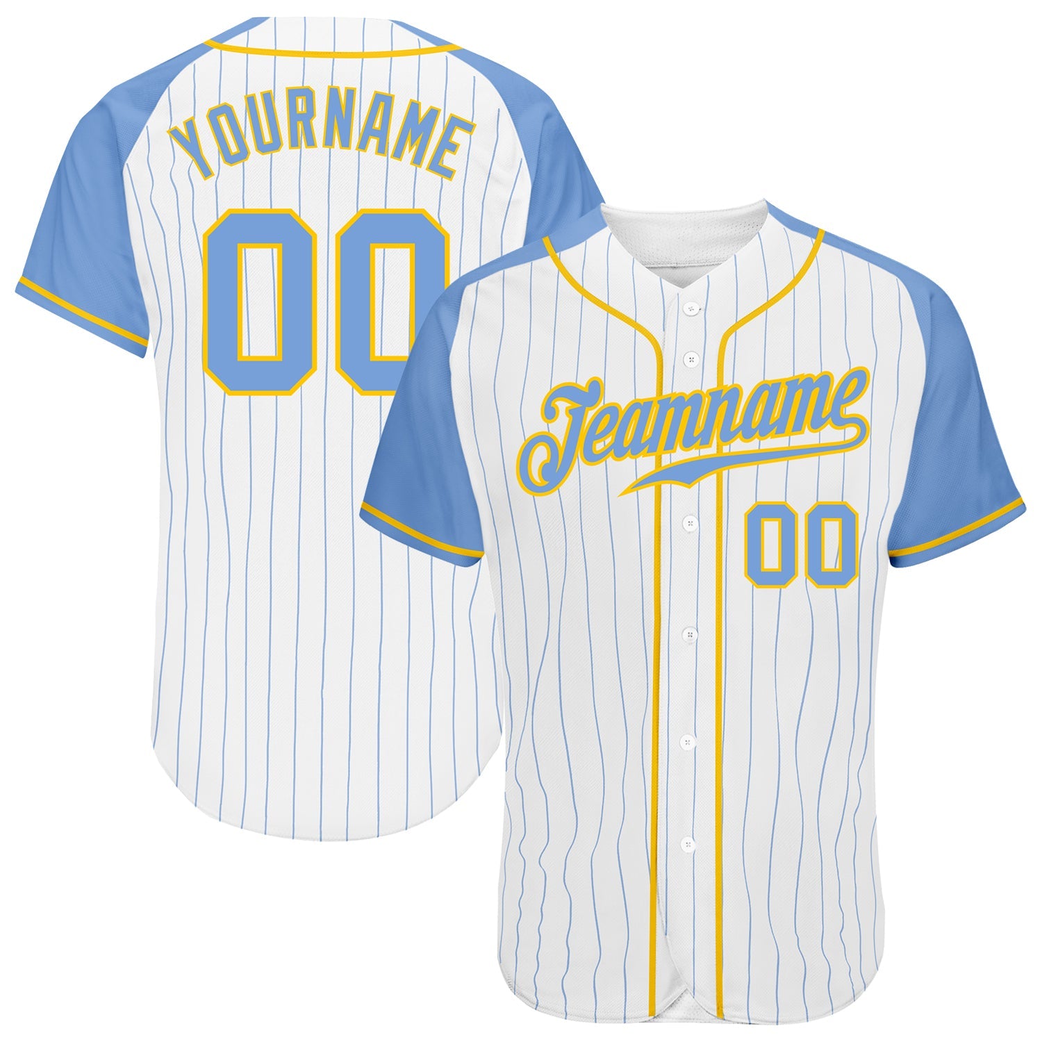 Custom White Light Blue Pinstripe Light Blue-Gold Authentic Raglan Sleeves Baseball Jersey - Sky-Custom