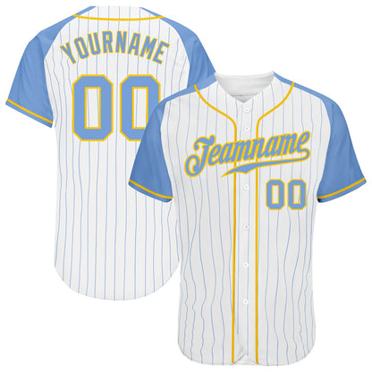 Custom White Light Blue Pinstripe Light Blue-Gold Authentic Raglan Sleeves Baseball Jersey - Sky-Custom