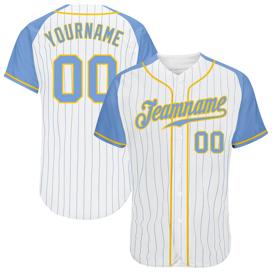 Custom White Light Blue Pinstripe Light Blue-Gold Authentic Raglan Sleeves Baseball Jersey - Sky-Custom