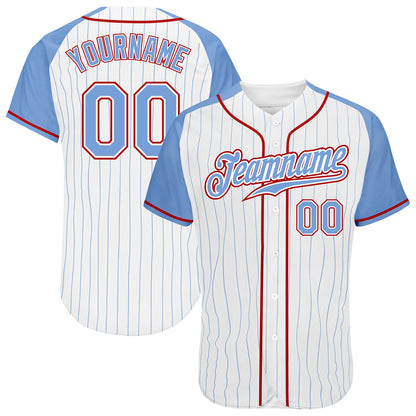 Custom White Light Blue Pinstripe Light Blue-Red Authentic Raglan Sleeves Baseball Jersey - Sky-Custom