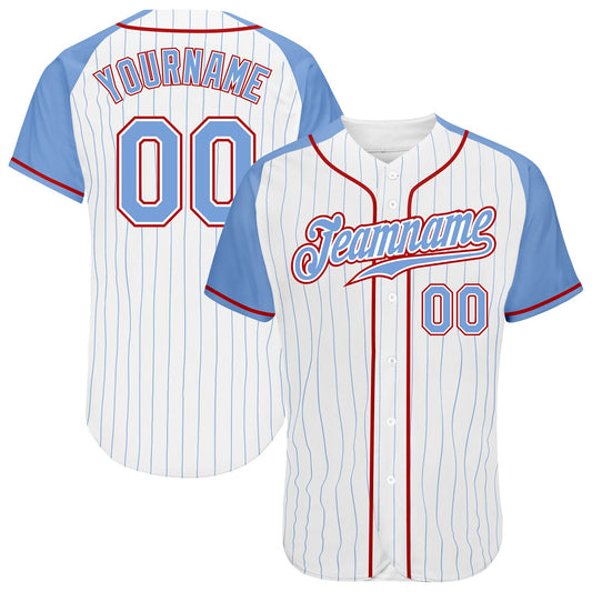 Custom White Light Blue Pinstripe Light Blue-Red Authentic Raglan Sleeves Baseball Jersey - Sky-Custom