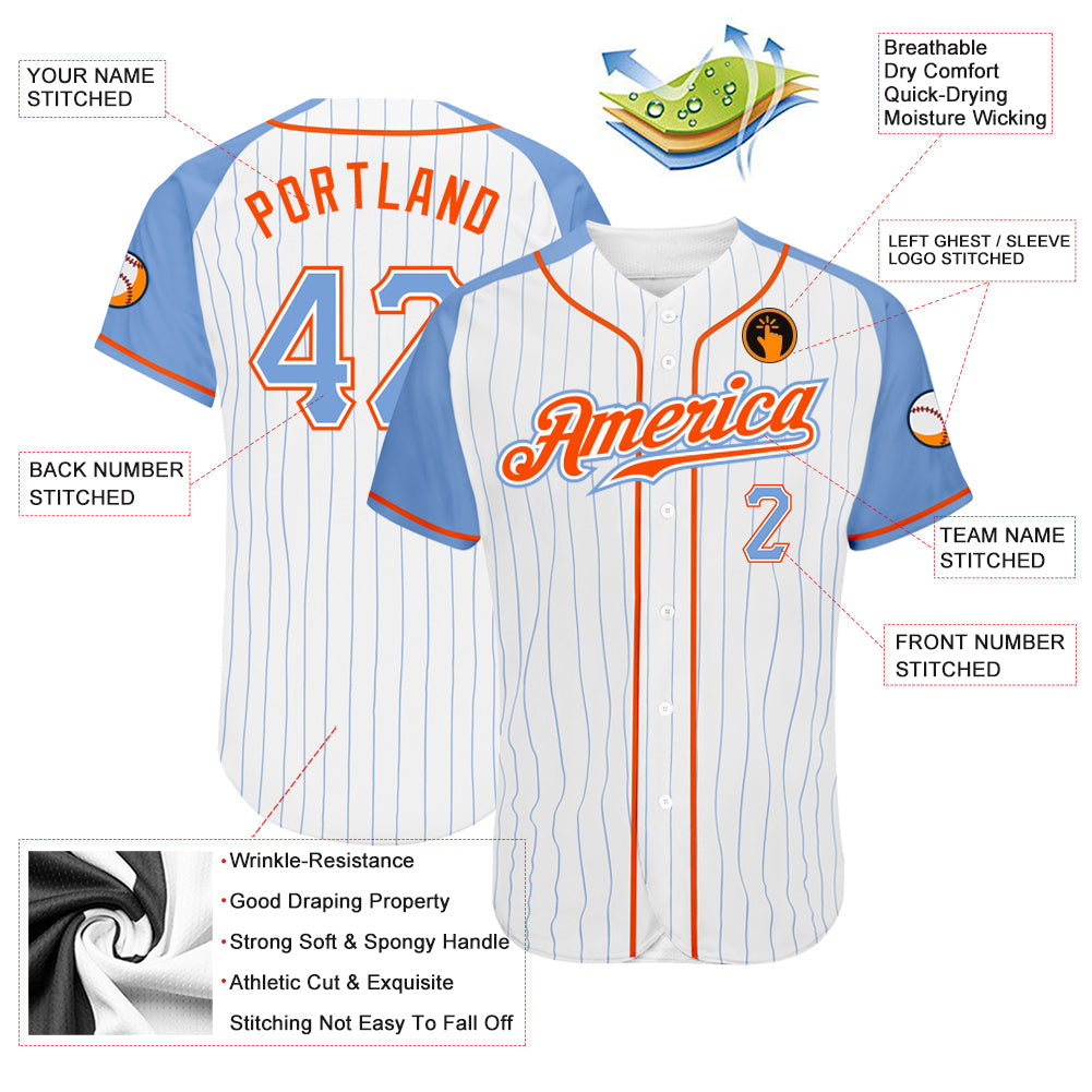 Custom White Light Blue Pinstripe Light Blue-Orange Authentic Raglan Sleeves Baseball Jersey - Sky-Custom