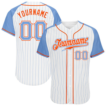 Custom White Light Blue Pinstripe Light Blue-Orange Authentic Raglan Sleeves Baseball Jersey - Sky-Custom