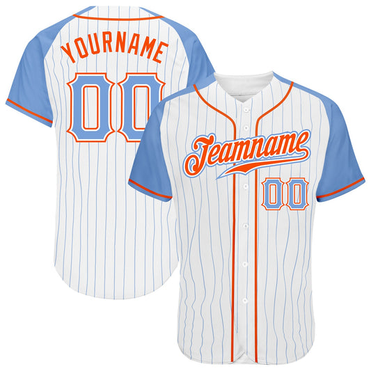Custom White Light Blue Pinstripe Light Blue-Orange Authentic Raglan Sleeves Baseball Jersey - Sky-Custom