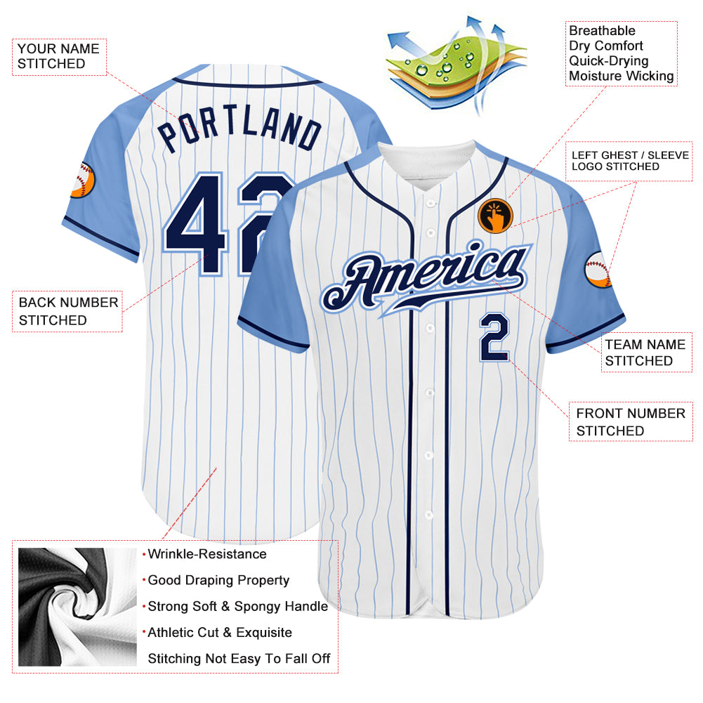 Custom White Light Blue Pinstripe Navy-Light Blue Authentic Raglan Sleeves Baseball Jersey - Sky-Custom